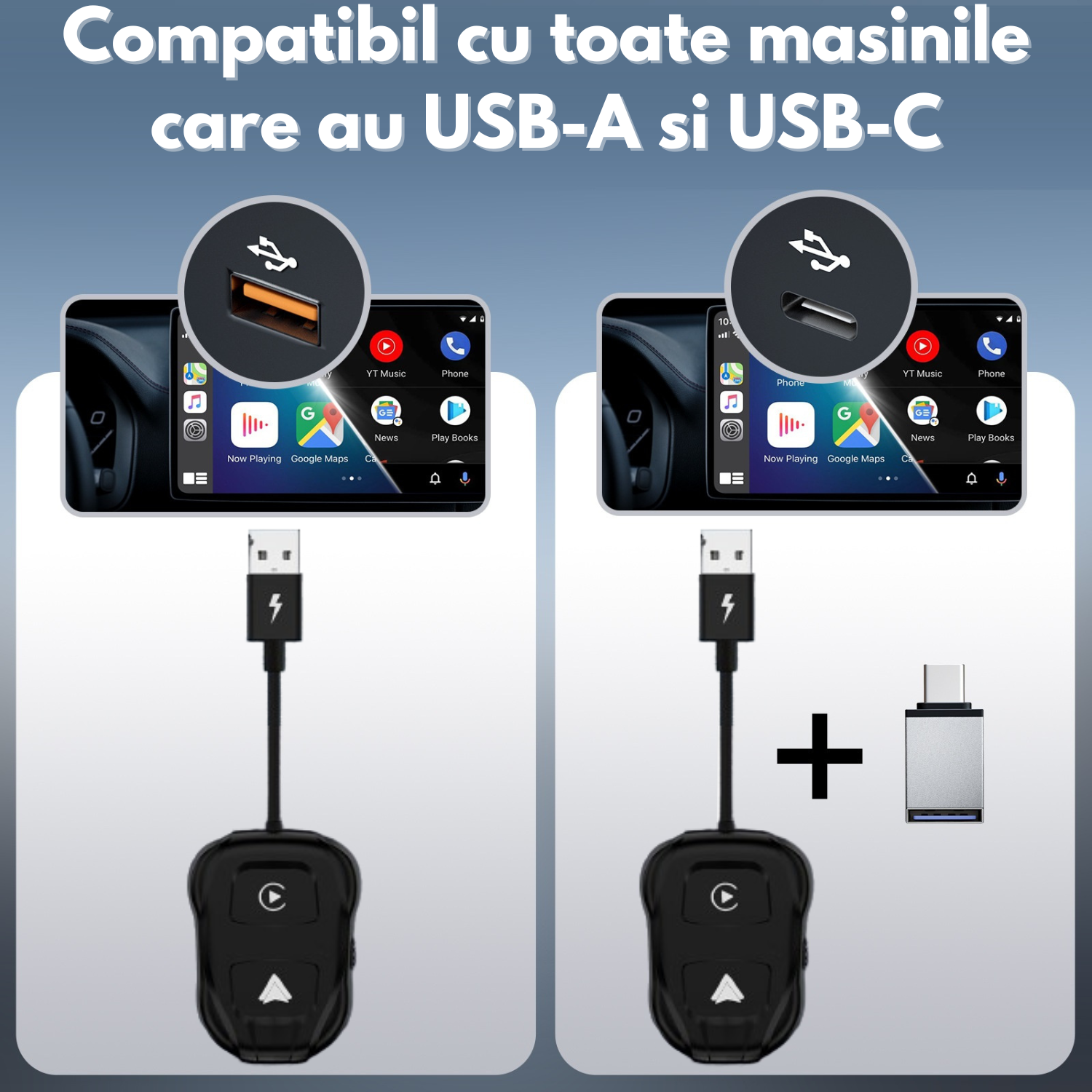 Adaptor Apple CarPlay si Android Auto Luxena® — Transformă Conexiunea cu Fir în Wireless, Plug & Play