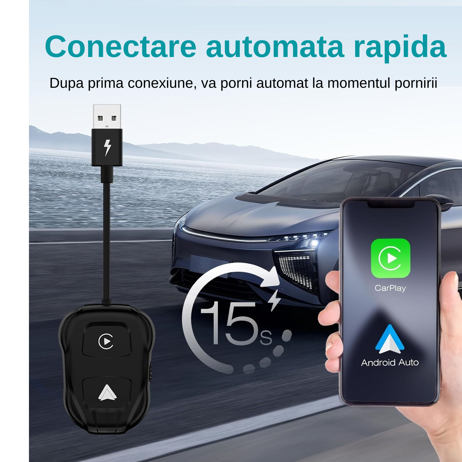 Adaptor Apple CarPlay si Android Auto Luxena® — Transformă Conexiunea cu Fir în Wireless, Plug & Play