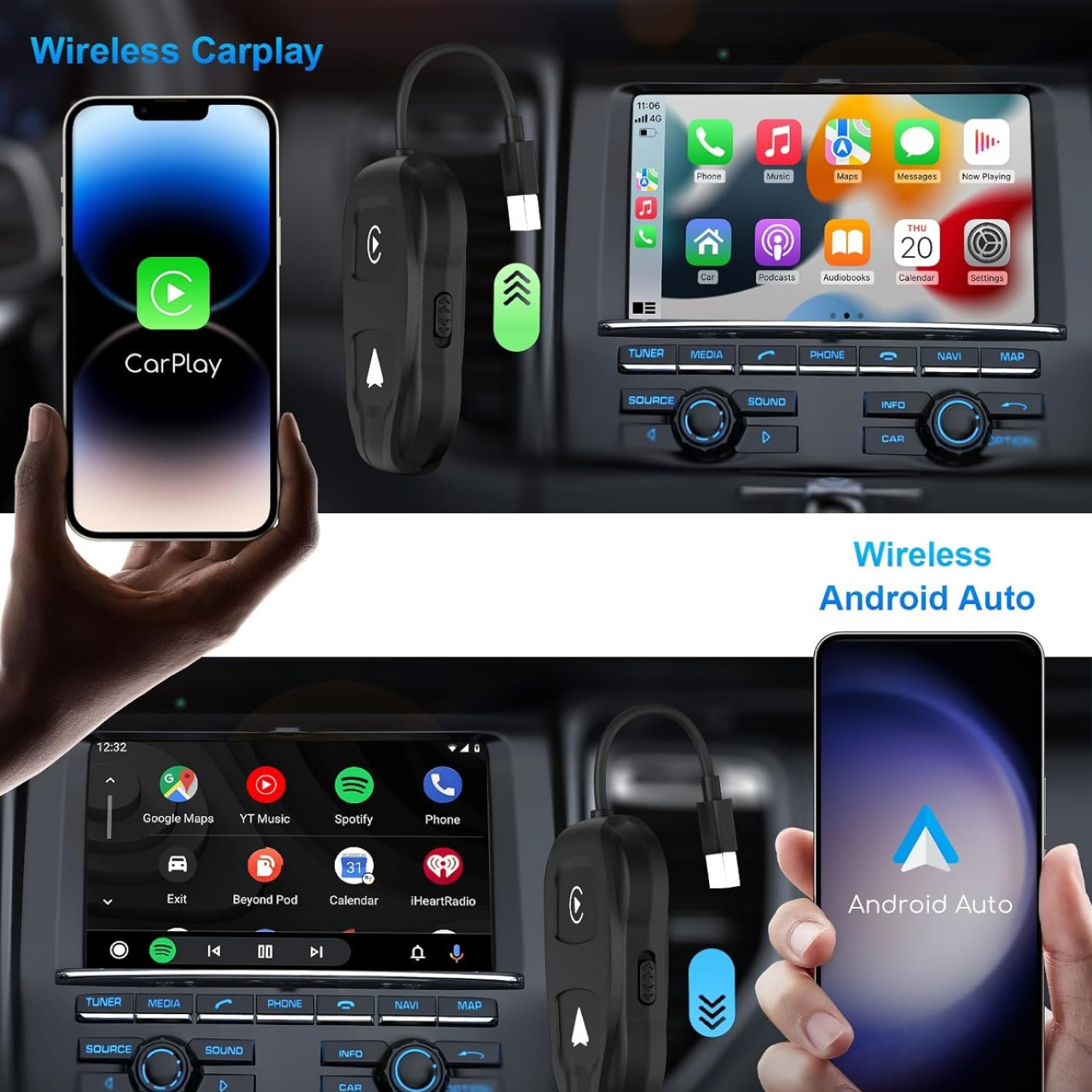 Adaptor Apple CarPlay si Android Auto Luxena® — Transformă Conexiunea cu Fir în Wireless, Plug & Play