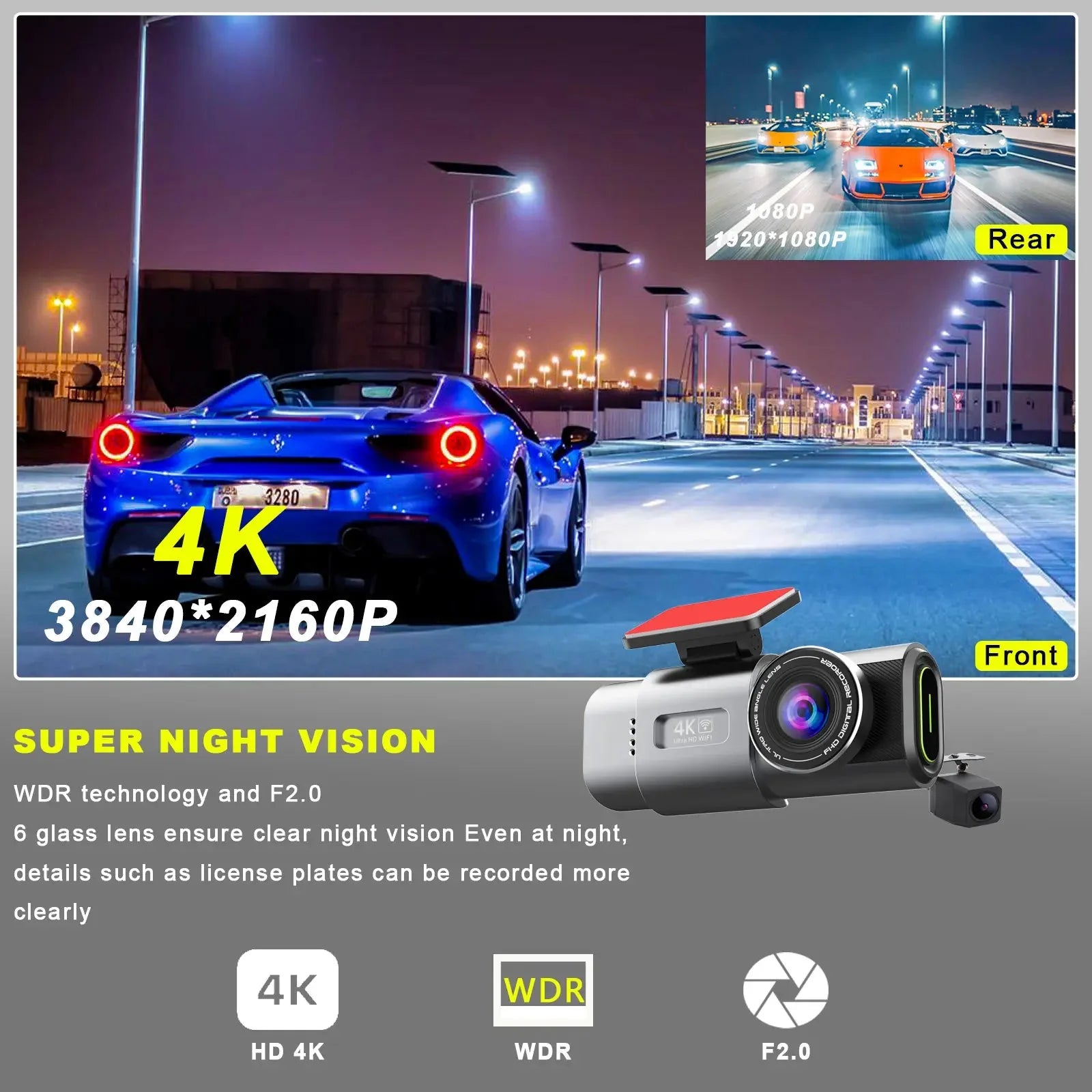 Camera auto 4K ecran LCD + camera spate 1080P DVR WIFI , Vizionare nocturna, Monitorizare parcare 24h