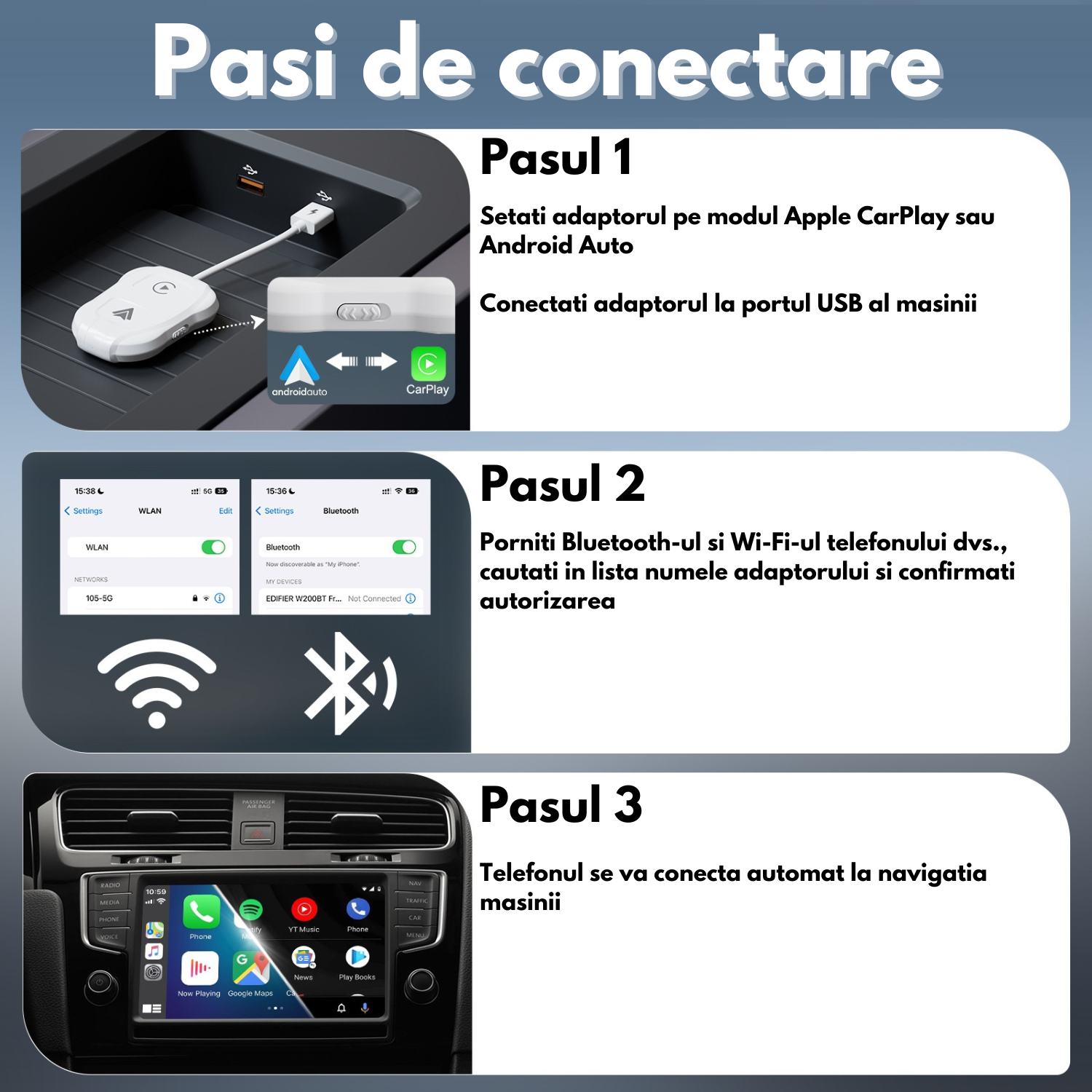 Adaptor Apple CarPlay si Android Auto Luxena® — Transformă Conexiunea cu Fir în Wireless, Plug & Play