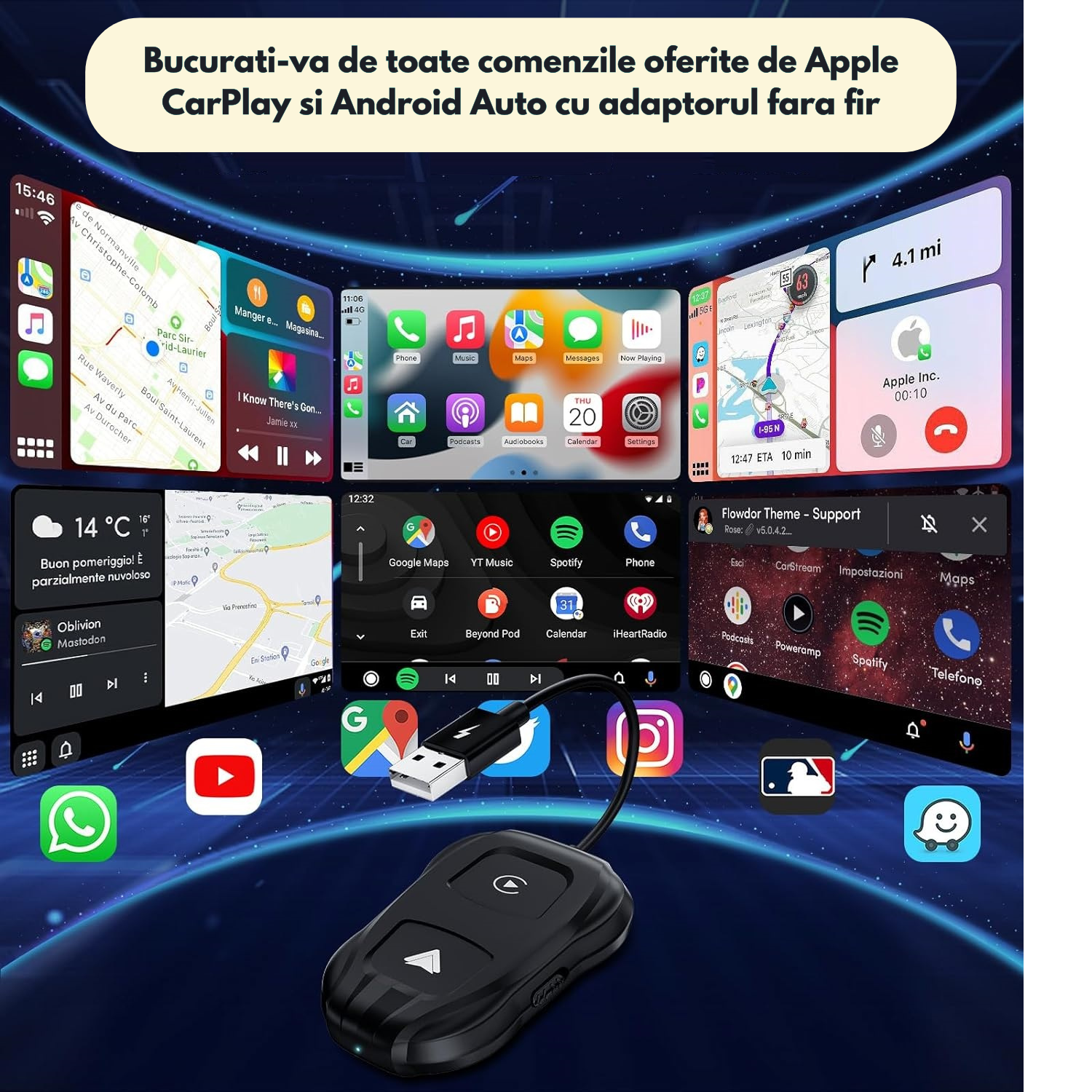Adaptor Apple CarPlay si Android Auto Luxena® — Transformă Conexiunea cu Fir în Wireless, Plug & Play