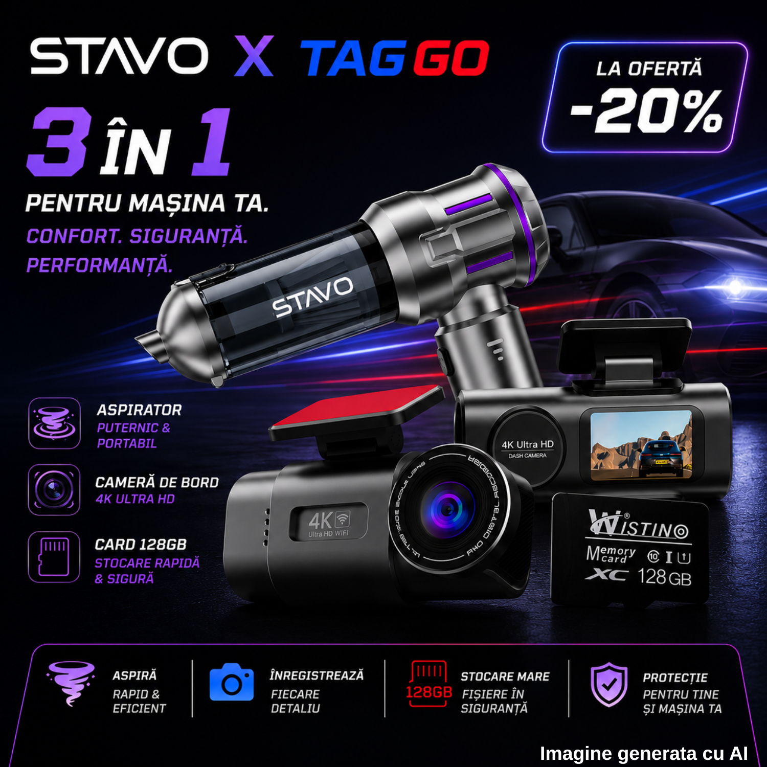 Pachet Aspirator AirPro4 Argintiu/Mov + Camera Auto 4K fata + Camera Auto 1080P spate WIFI + Card Memorie 64GB