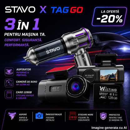 Pachet Aspirator AirPro4 Argintiu/Mov + Camera Auto 4K fata + Camera Auto 1080P spate WIFI + Card Memorie 64GB