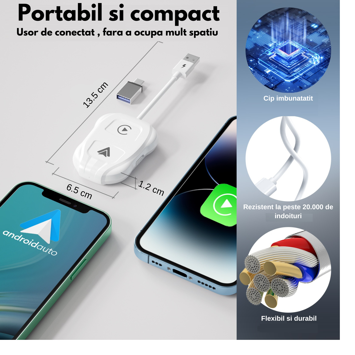 Adaptor Apple CarPlay si Android Auto Luxena® — Transformă Conexiunea cu Fir în Wireless, Plug & Play