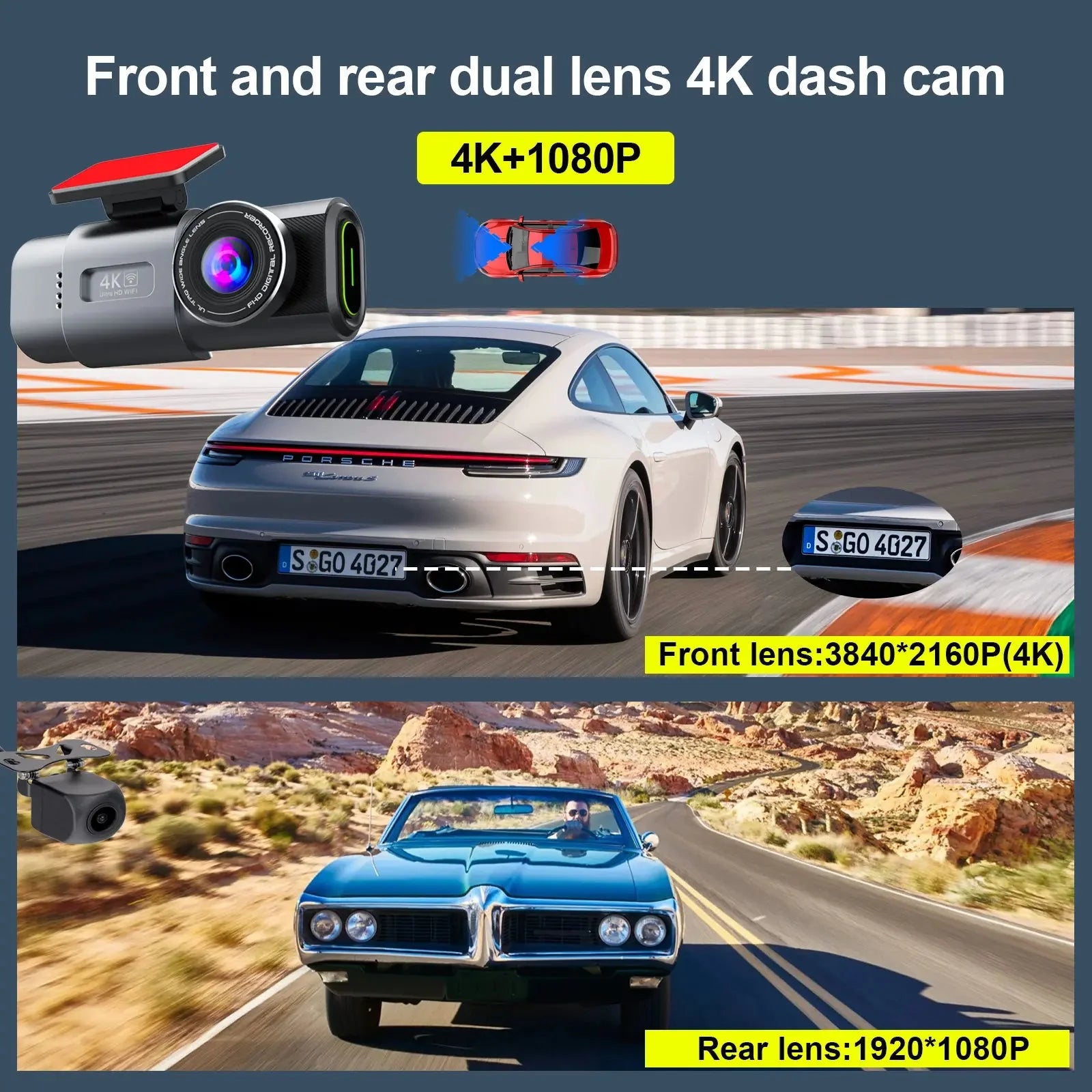 Pachet Aspirator AirPro4 Argintiu/Mov + Camera Auto 4K fata + Camera Auto 1080P spate WIFI + Card Memorie 64GB